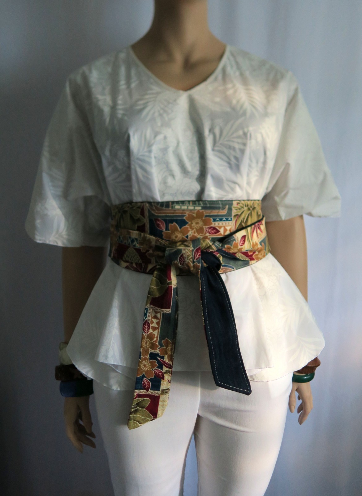 Obi Belt made from vintage style Hawaiian bark cloth & denim Made in Hawaii