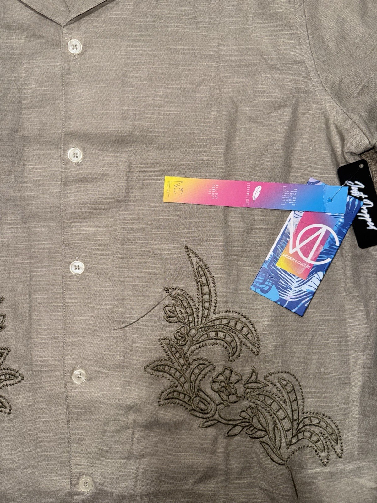 Modern Culture Men’s Taupe Floral Embroidered Cotton Shirt Sz M NWT