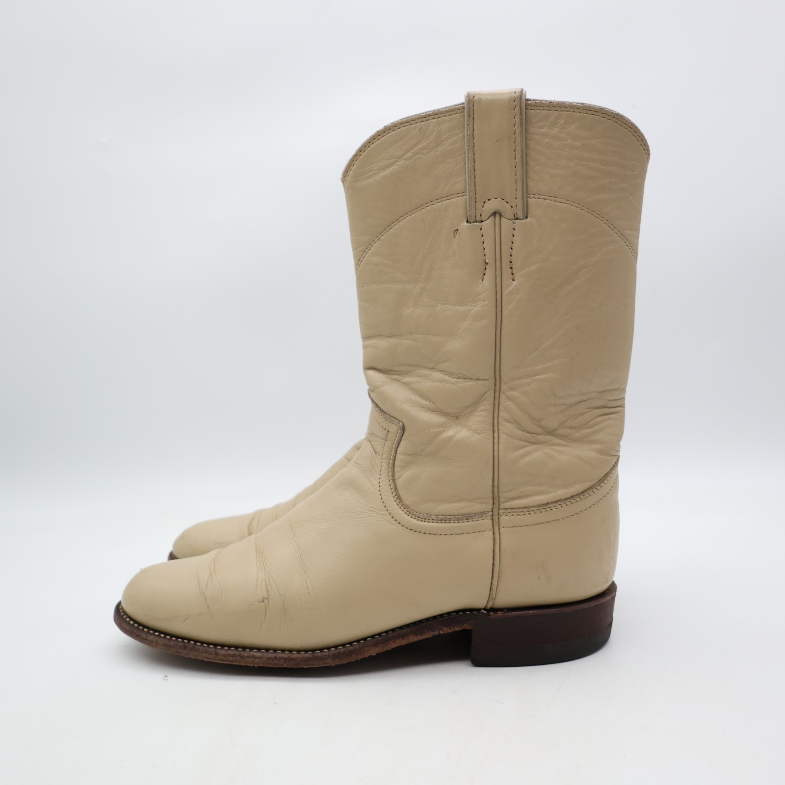 Justin Beige Leather Women’s 6.5 B Roper Western Cowboy Pull On Boots USA L3066