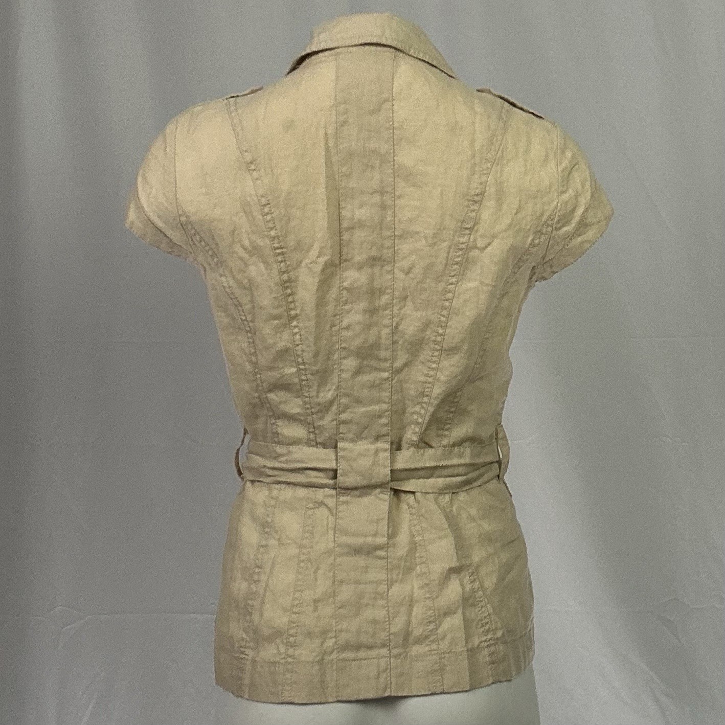 Apanage Vintage Y2K Jacket Top Safari 100% Linen Belted Khaki Short Sleeve US 4