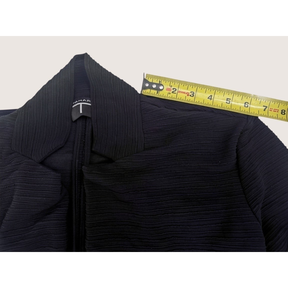 Tahari T Black Ribbed Open Front Cardigan Longline Structural Knit Jacket XS