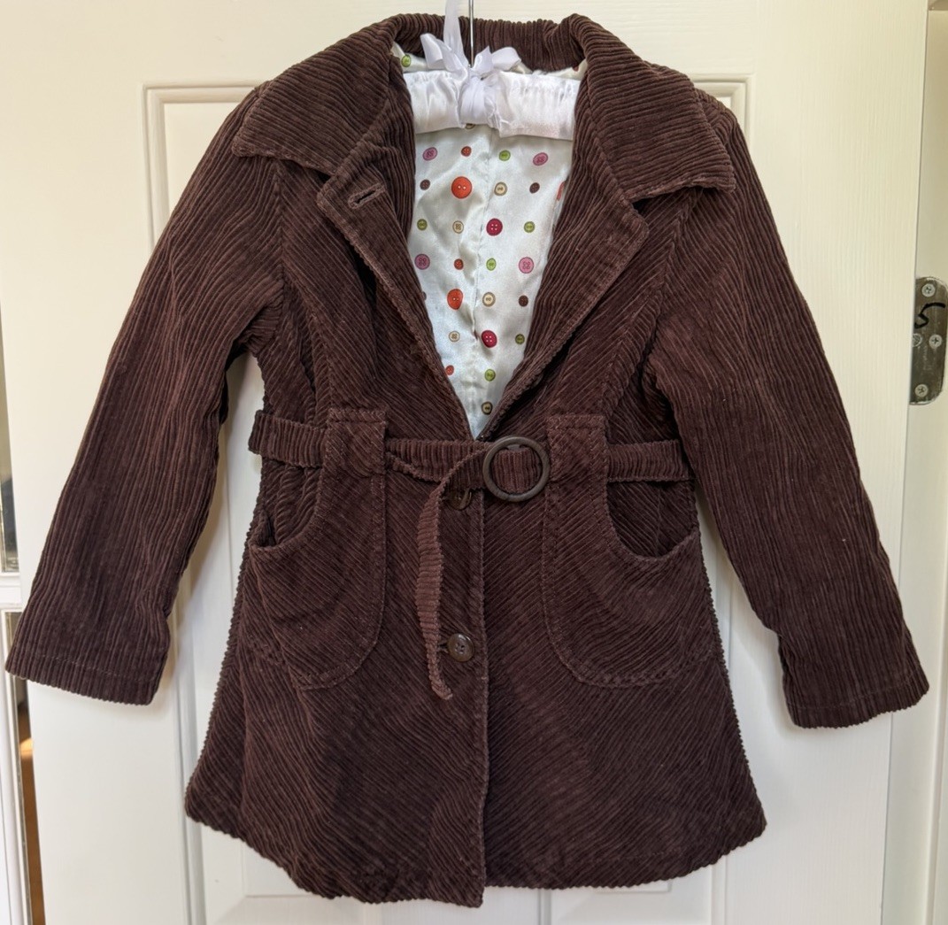 Vintage 2003 Gymboree Girls Size 5 Brown Corduroy Trench Coat Belted Y2K
