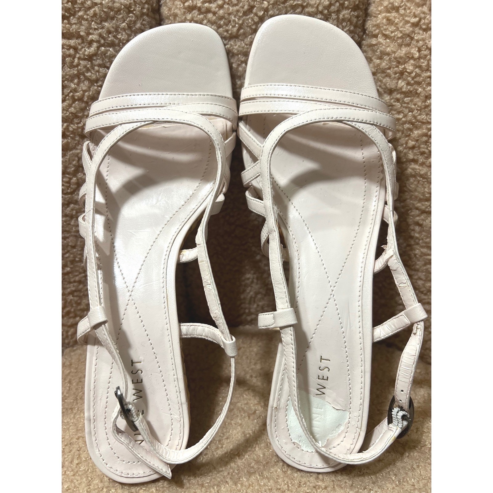Nine West Essential Pink Leather Strappy Woven Raffia Wedge 7.5M INSOLE PEELINGS