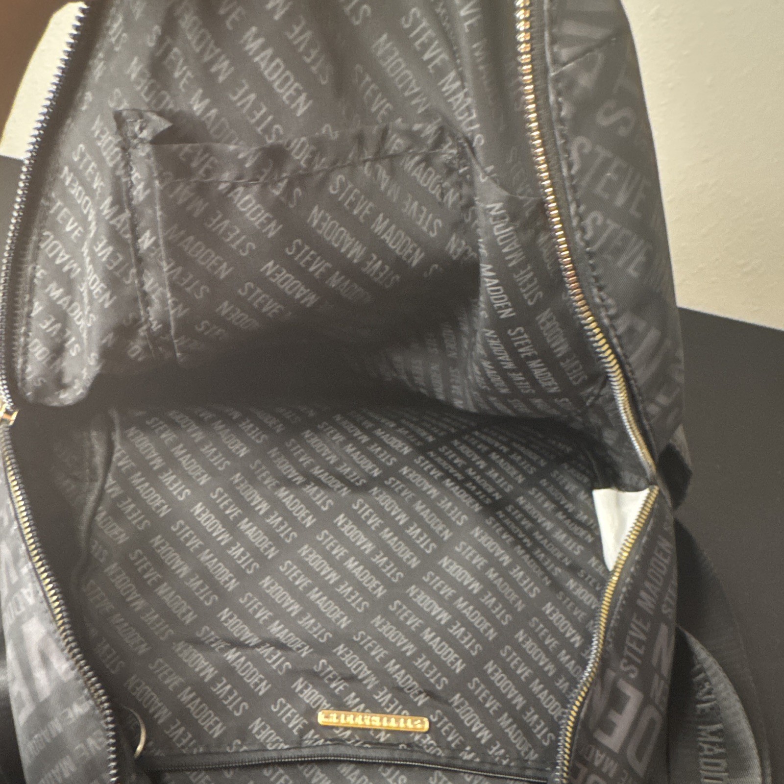 Steve Madden Black/Gray Logo Backpack Floral Pocket Gold Hardware Zip Pockets