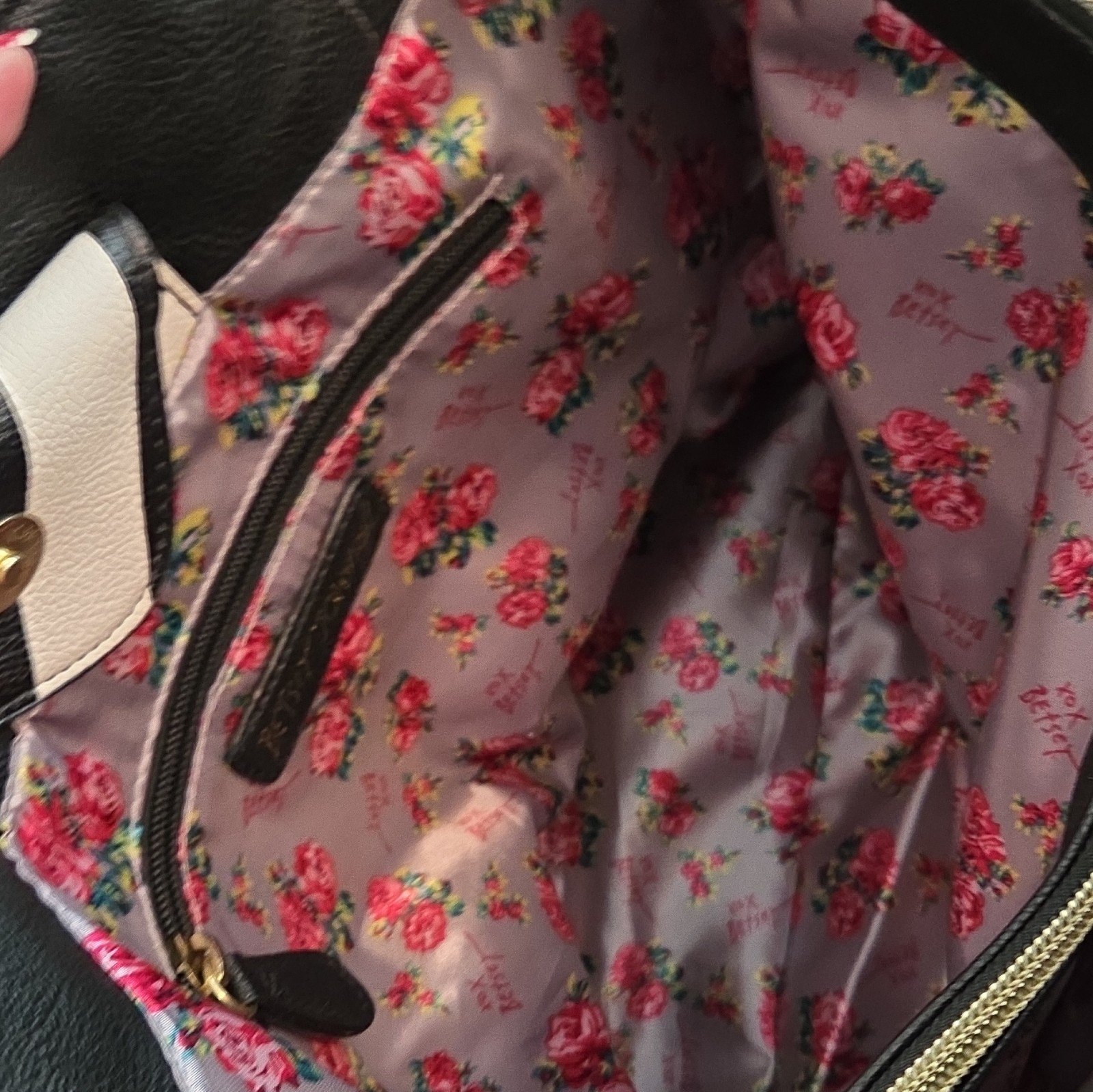 Betsey Johnson Black Skull Embossed Tote Zip Chain Handles Floral Lined Pockets