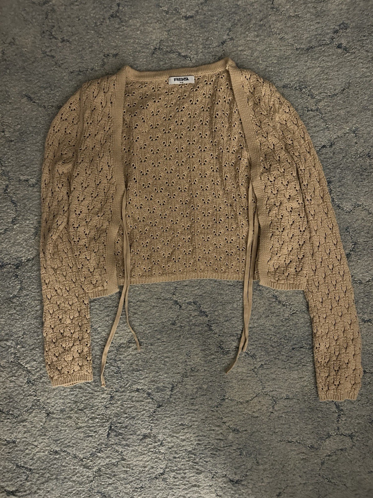 RSQ Women’s Beige Open-Knit Tie Front Cardigan Sweater V-Neck L/S L