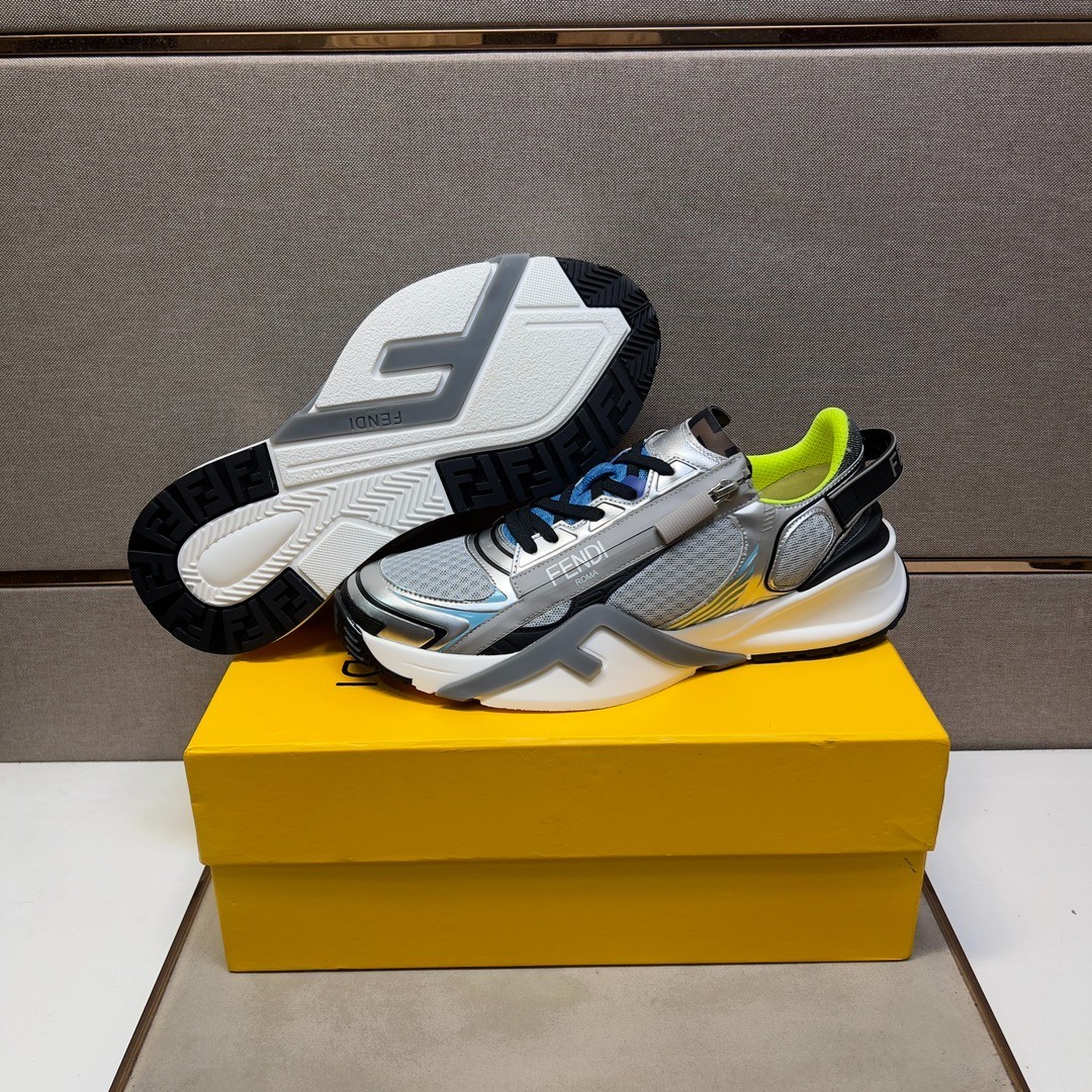 Fendi Faster Silver Metallic Mesh and Leather Sneakers Designer Shoes Size 42