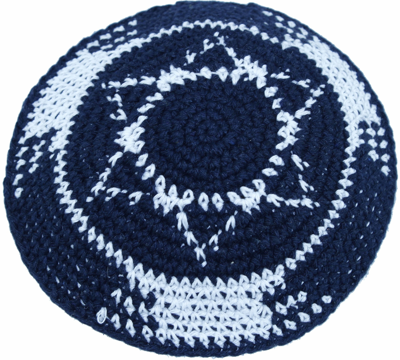 Dark Blue/White with Star of David17cm DMC 100% Knitted Cotton Kippah Jewish