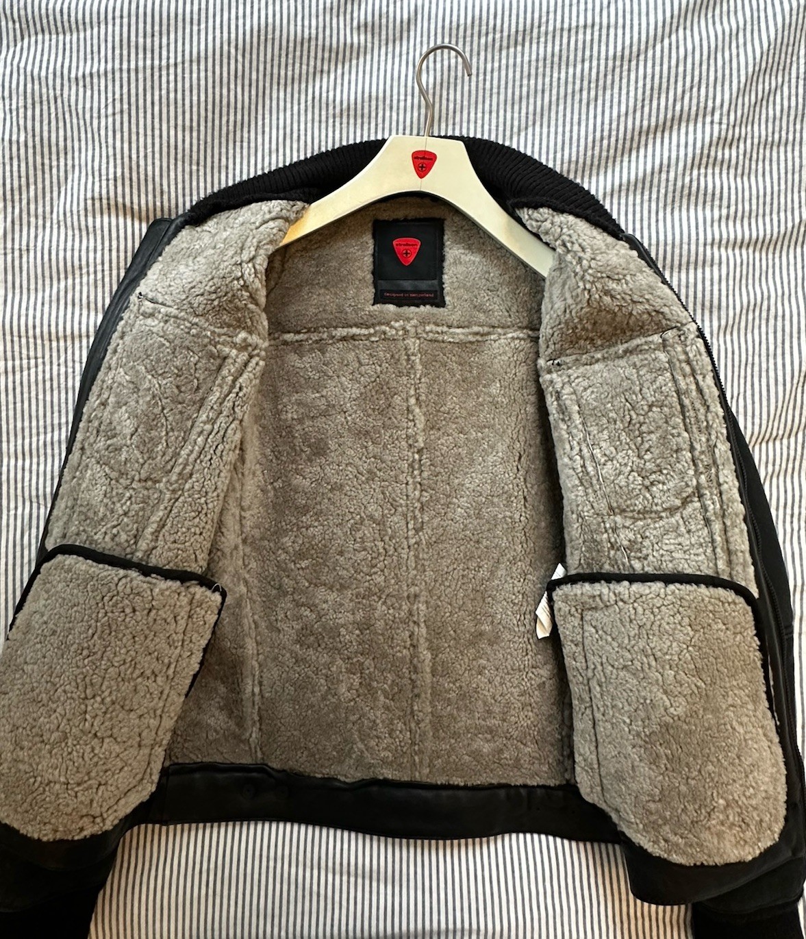 Strellson Premium Black Leather And Shearling Bomber Jacket, Size 52/L