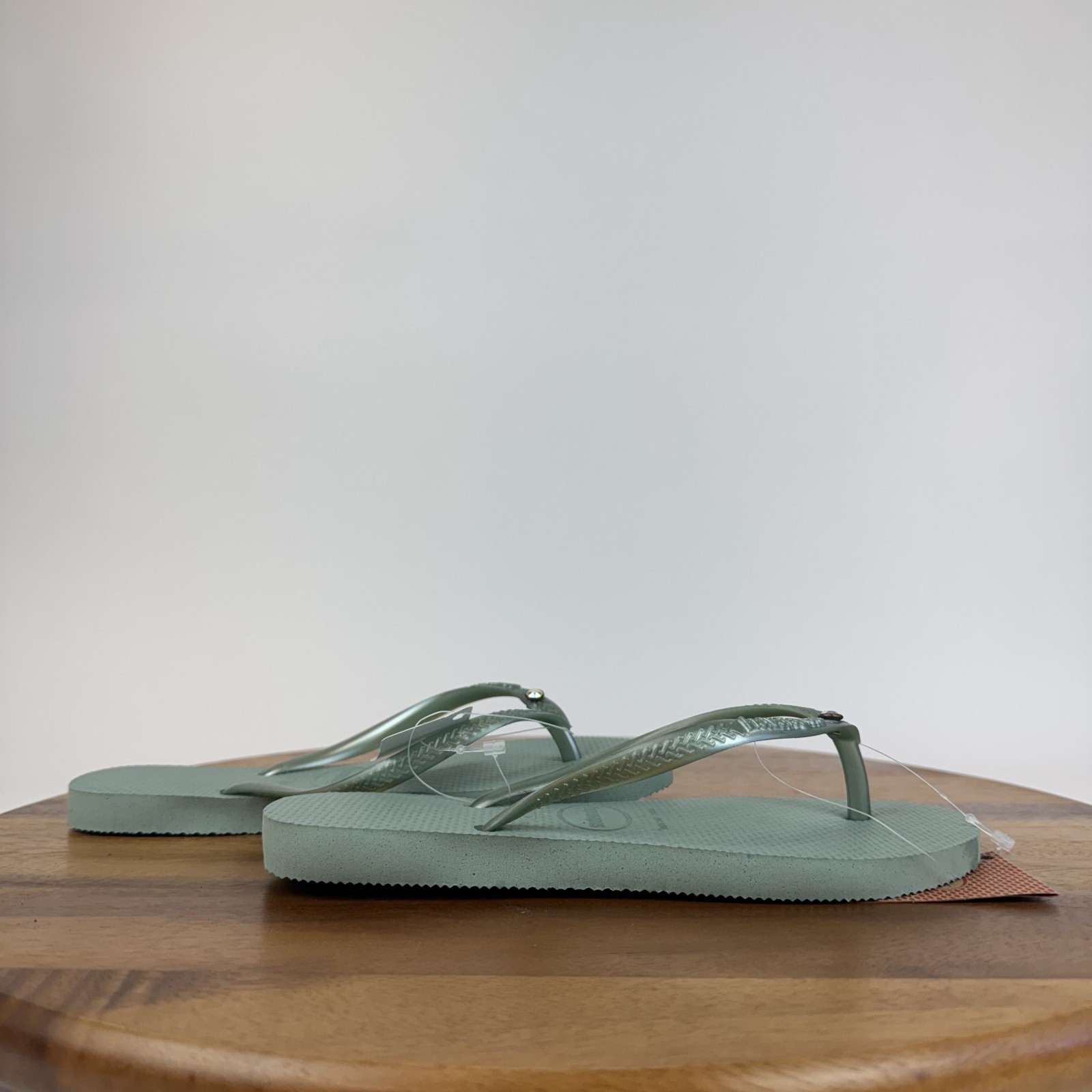 New Womens Havaianas Slim Crystal Thong Clay Green / Blue Flip Flop Size 6 M