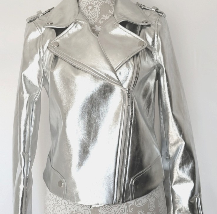 HAODUOYI Women’s Silver Jacket with Zipper cuffs Large