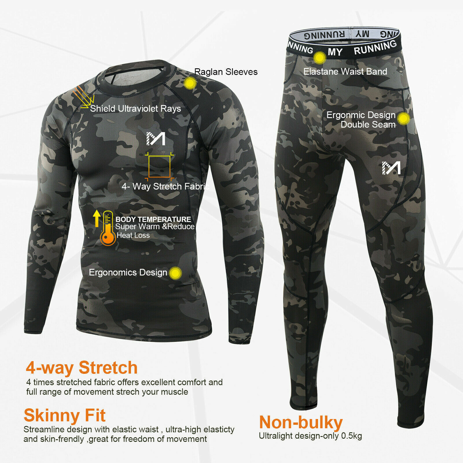 Mens Thermal Underwear Set Sport Long Johns Base Layer Warm Compression Camo Set