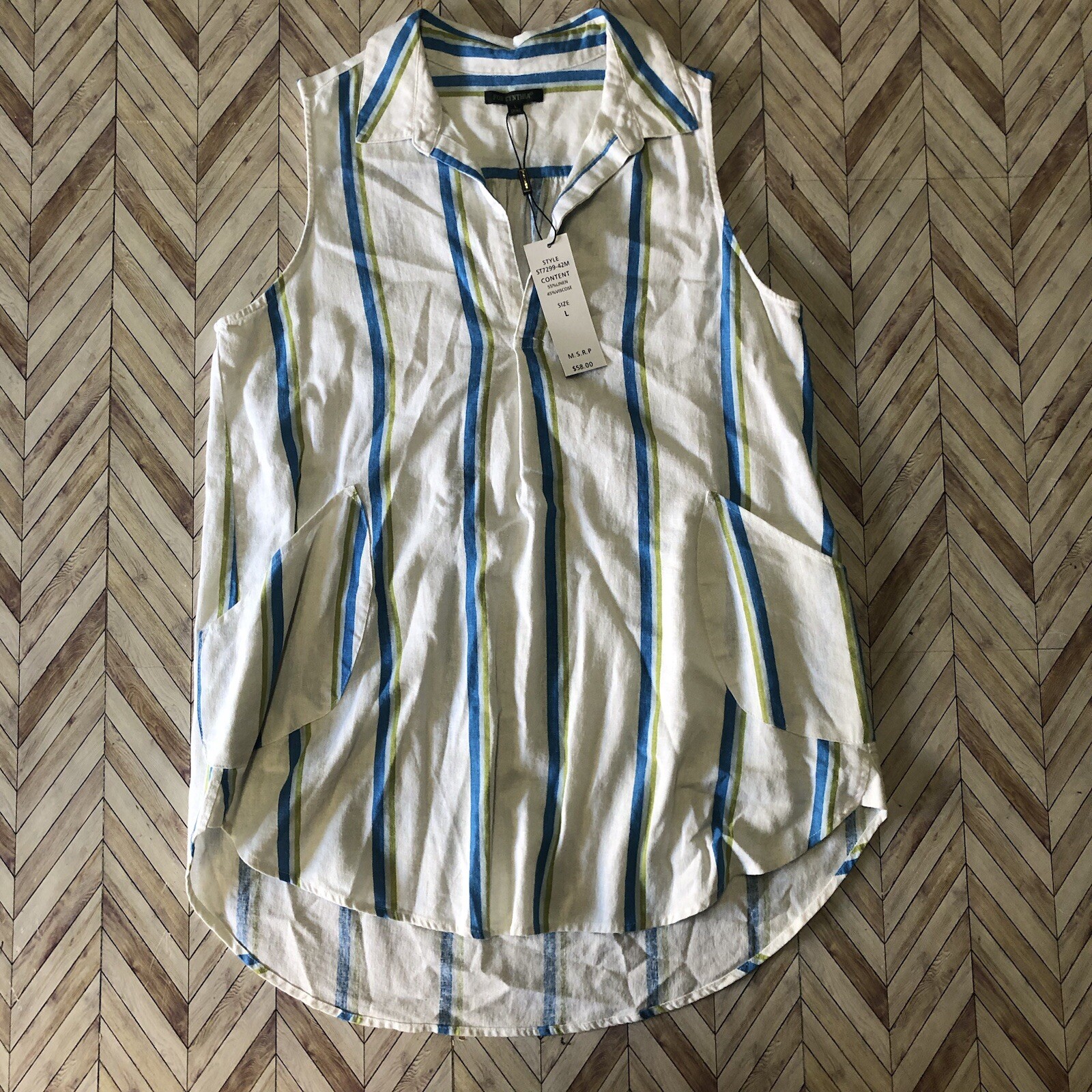 NWT For Cynthia Lagenlook Linen Viscose Striped Pocket Tank Tunic blouse Size L