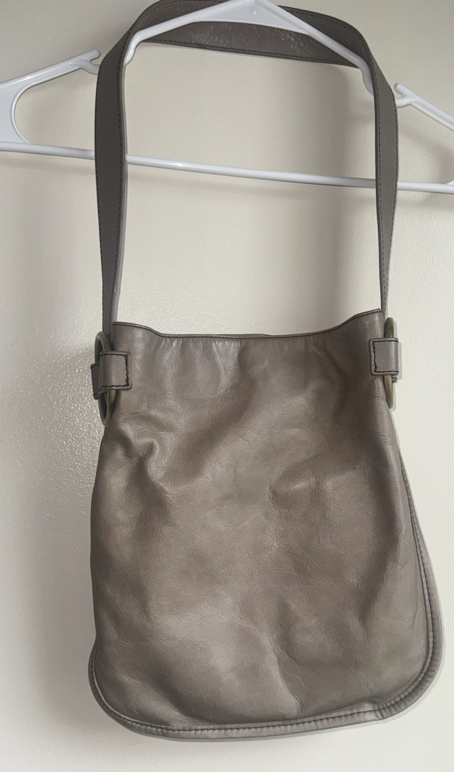 HOBO Genuine Leather Small Shoulder Bag Taupe Gray Brass Ring Slouchy Purse