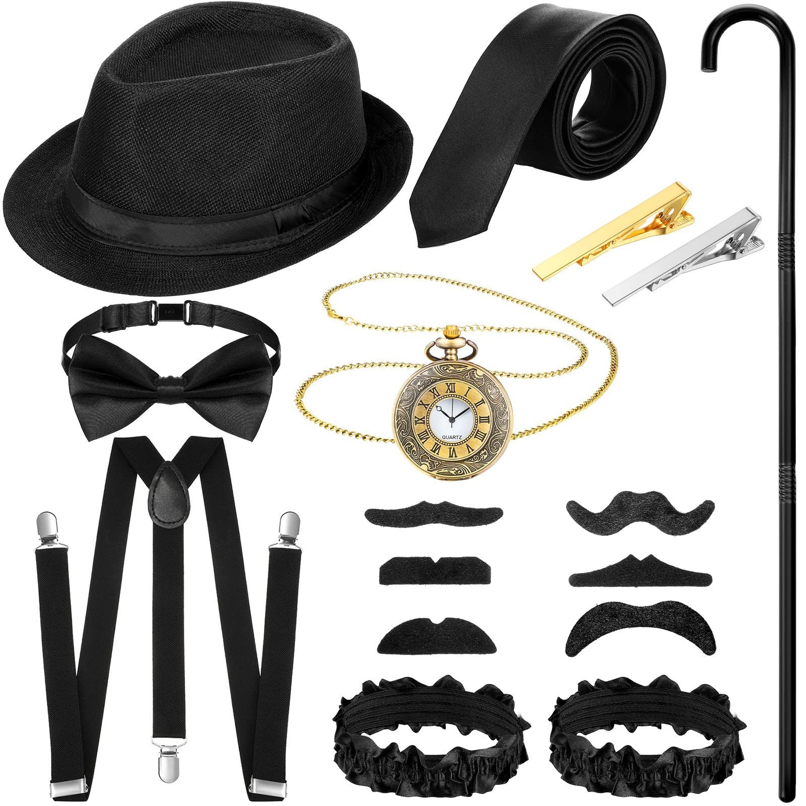 1920s Mens Costume Accessories Gatsby Set with Hat, Bow Tie, Pocket Watch, Su…