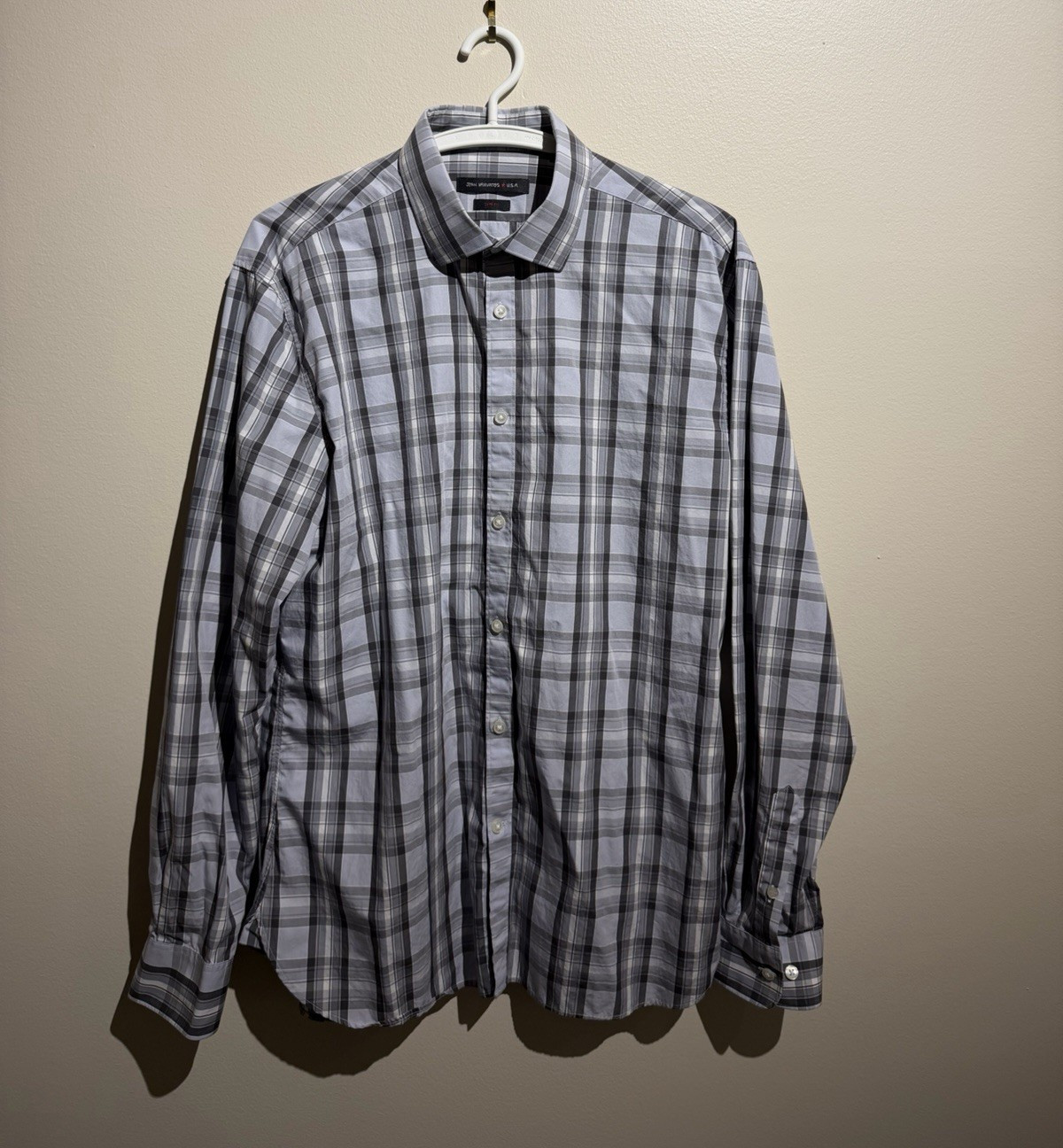 John Varvatos U.S.A. Men’s Dress Shirt 16 34/35 Slim Fit Gray/White Plaid