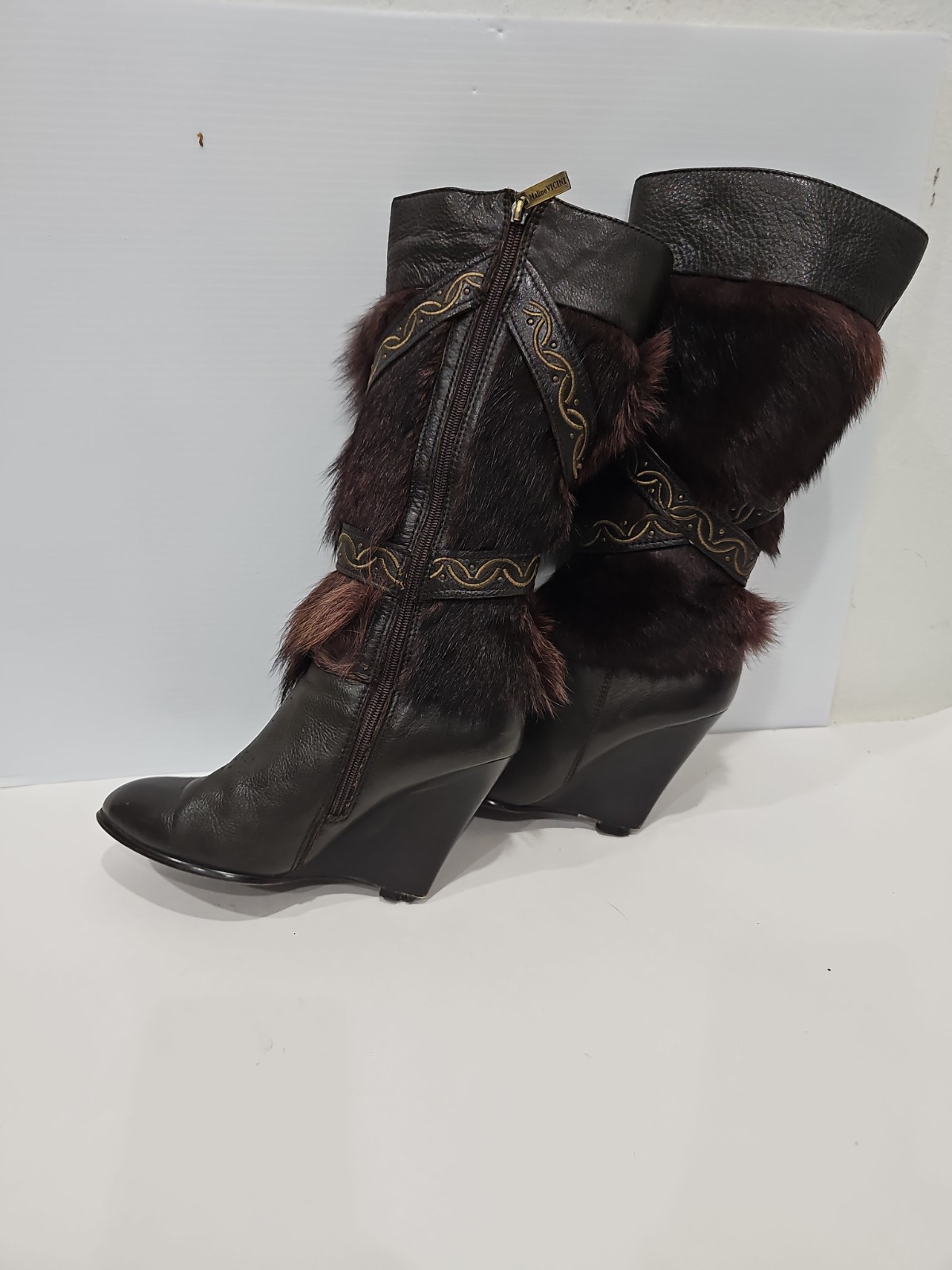 MALINO VICINI Leather & Fur Brown Boots Wedge EU 37 US 7