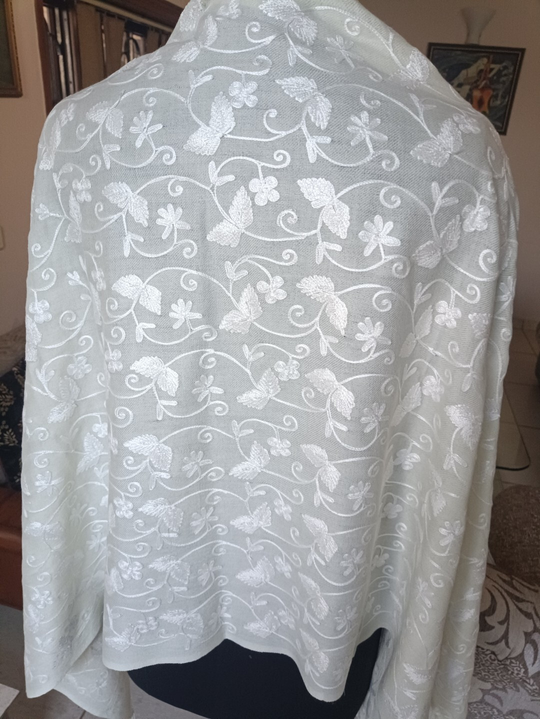 OFF-WHITE WEDDING STOLE KASHMIR PASHMINA CREWEL EMBROIDERY 100% CASHMERE SHAWL
