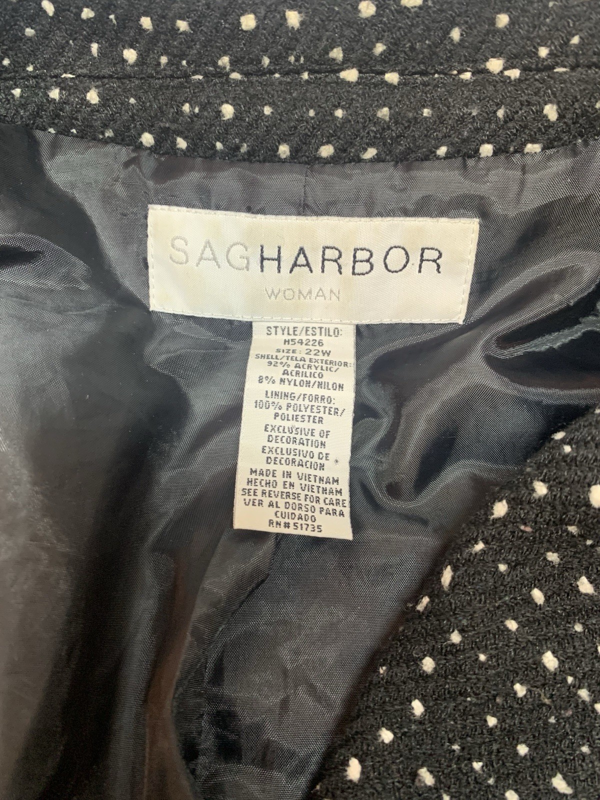 Sag Harbor Womans 2-Button Black tweed Blazer-Organza Frayed Trim-Size 22W(C11)
