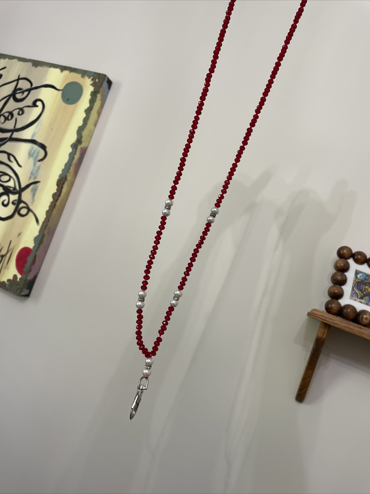 Crystal Lanyard Or Eyeglass Chain Red Crystal Pearl Rhinestone Beads 34” Strand