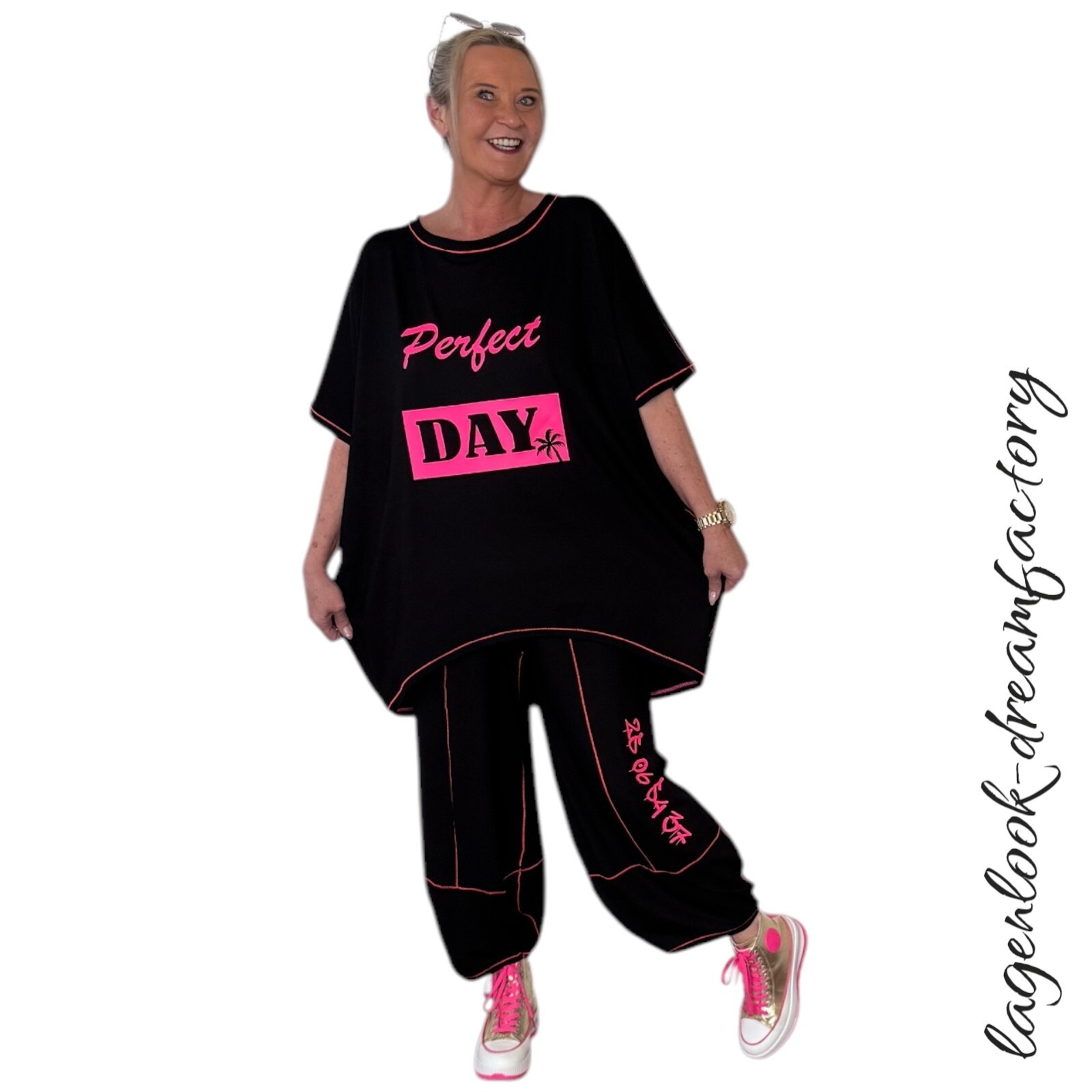 Lagenlook Balloon Jersey Jumper Short Sleeve Black Neon Pink 44 46 48 50 52 54 56 58