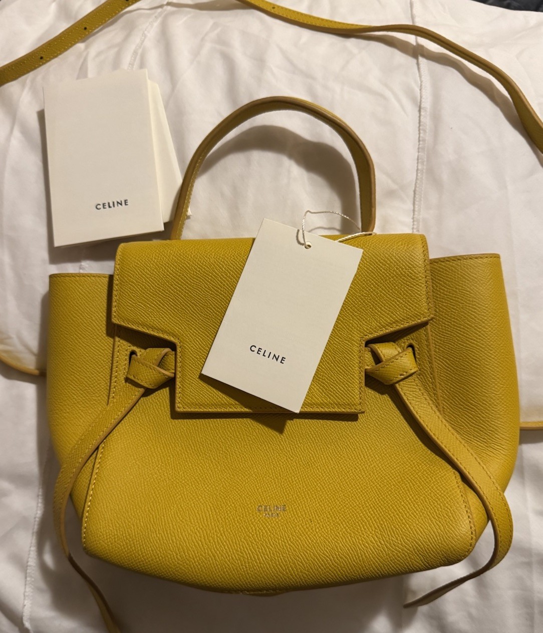 NWT Celine Mini Belt Satchel Yellow Pebbled Top Handle w/ Detachable Strap