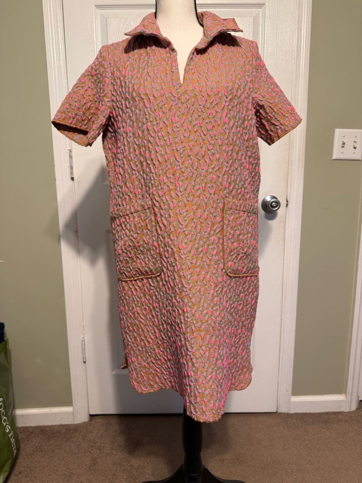 PATTY KIM Leopard Tiffany Pink Textured Collared Midi Dress