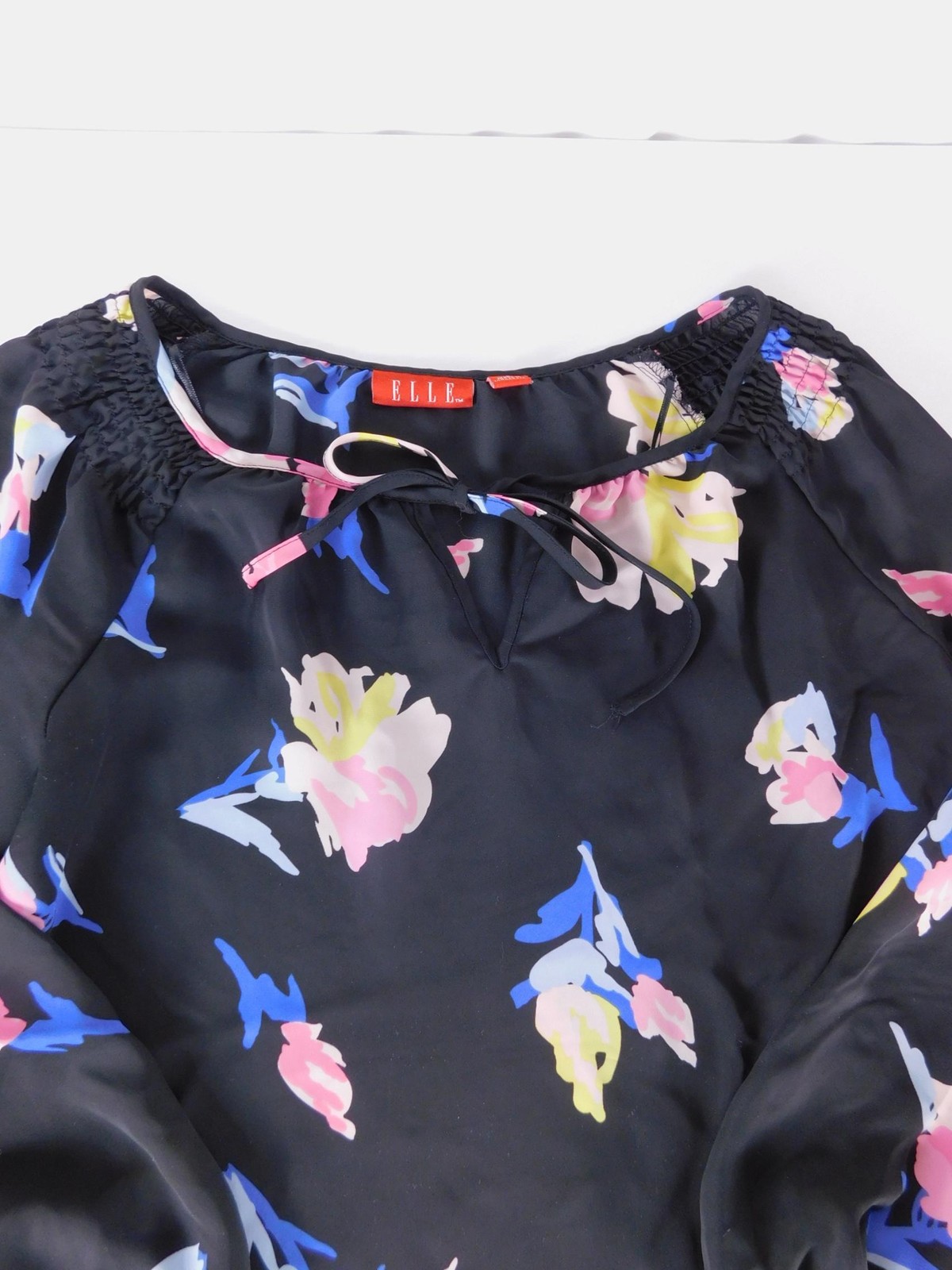 ELLE Blouse Womens S Black Floral Chiffon Scoop Neck Long Sleeve Pullover