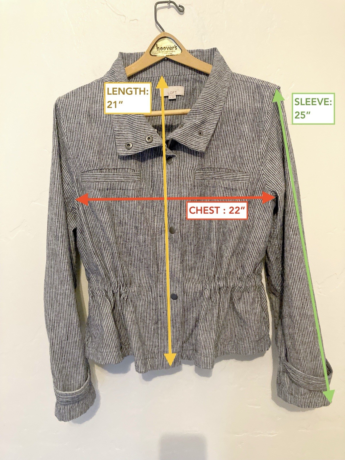 LOFT Linen Cotton Medium Blue Stripe Jacket Zip Cinch Drawstring