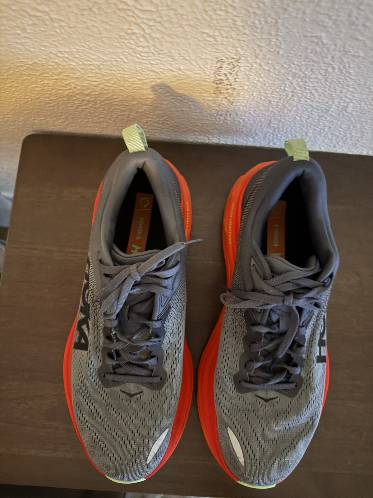 Hoka One One Bondi 8 Mens 9.5D Grey Orange Trail Road Running Shoes Sneakers