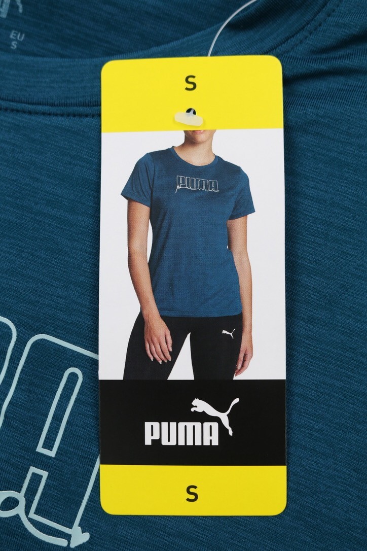 PUMA Womens Short Sleeve Logo Tee Lightweight Blue S Spell Out Logo Crew Neck