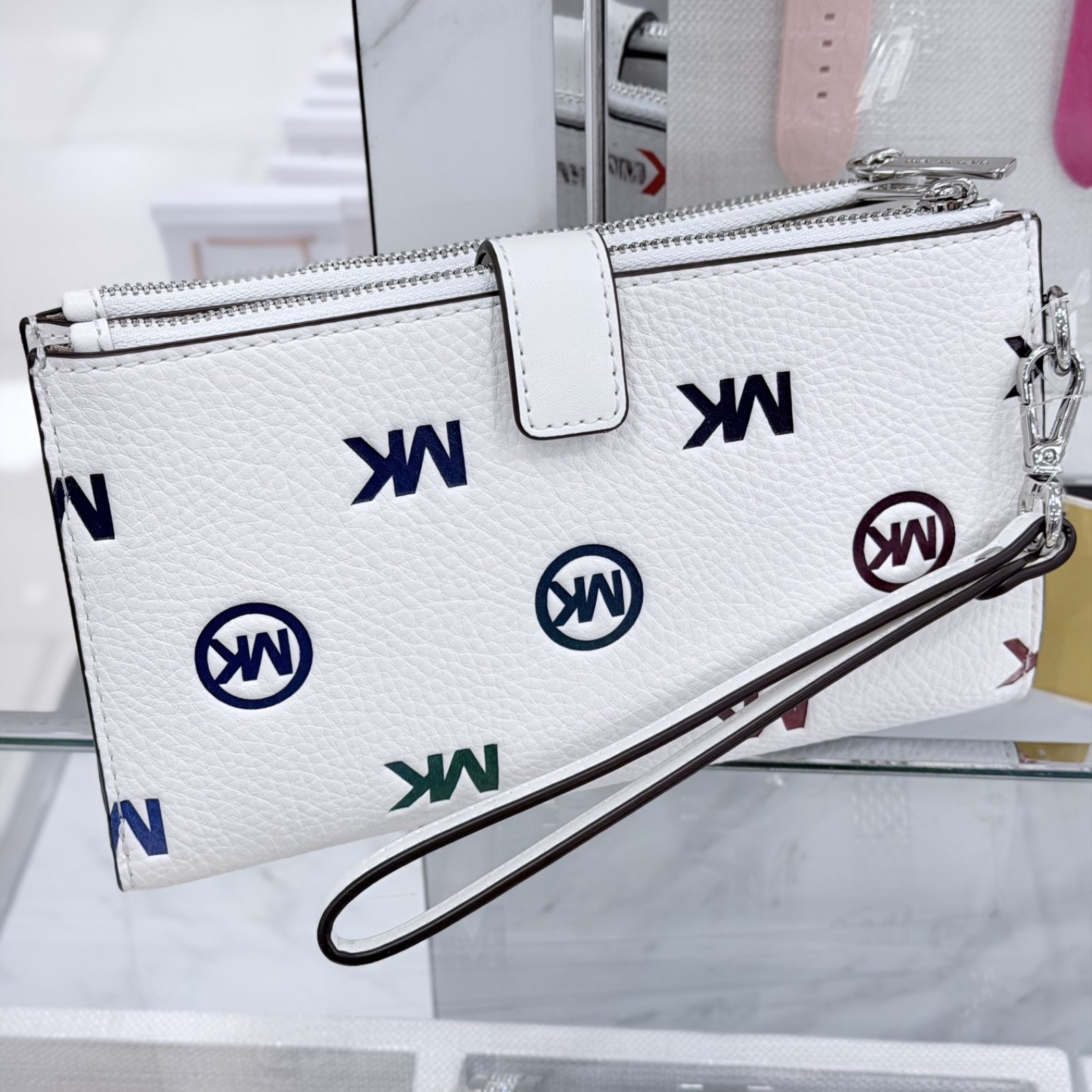 Michael Kors Jet Set Travel Double Zip Wristlet Wallet MK Rainbow Optic White