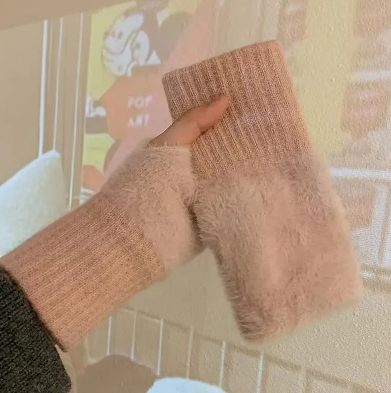 1 pair Mink Fleece Fingerless Gloves Women Warm Soft Plush Winter Wrist Mittens