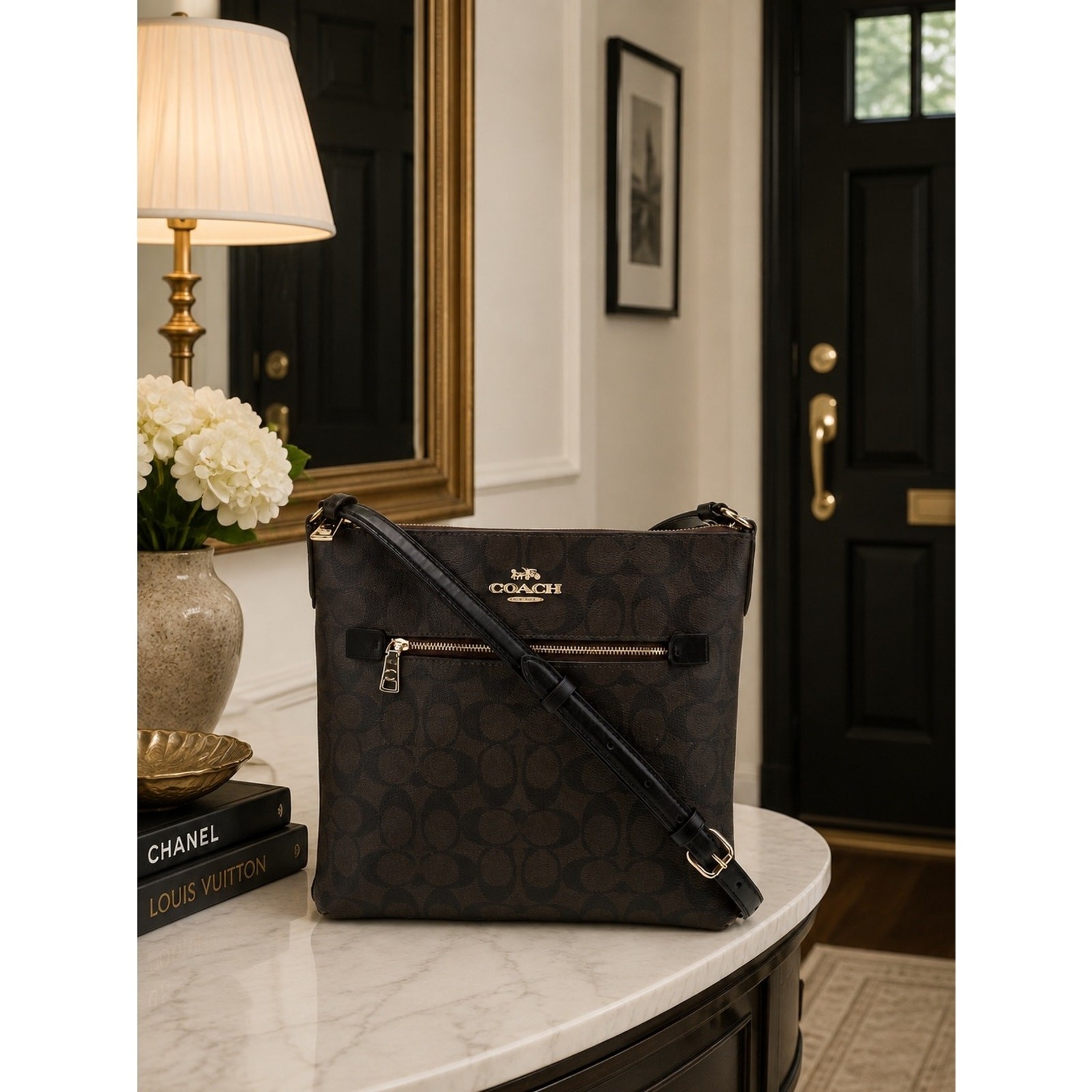 COACH Rowan File Crossbody Signature Canvas Brown/Black Gold Hardware