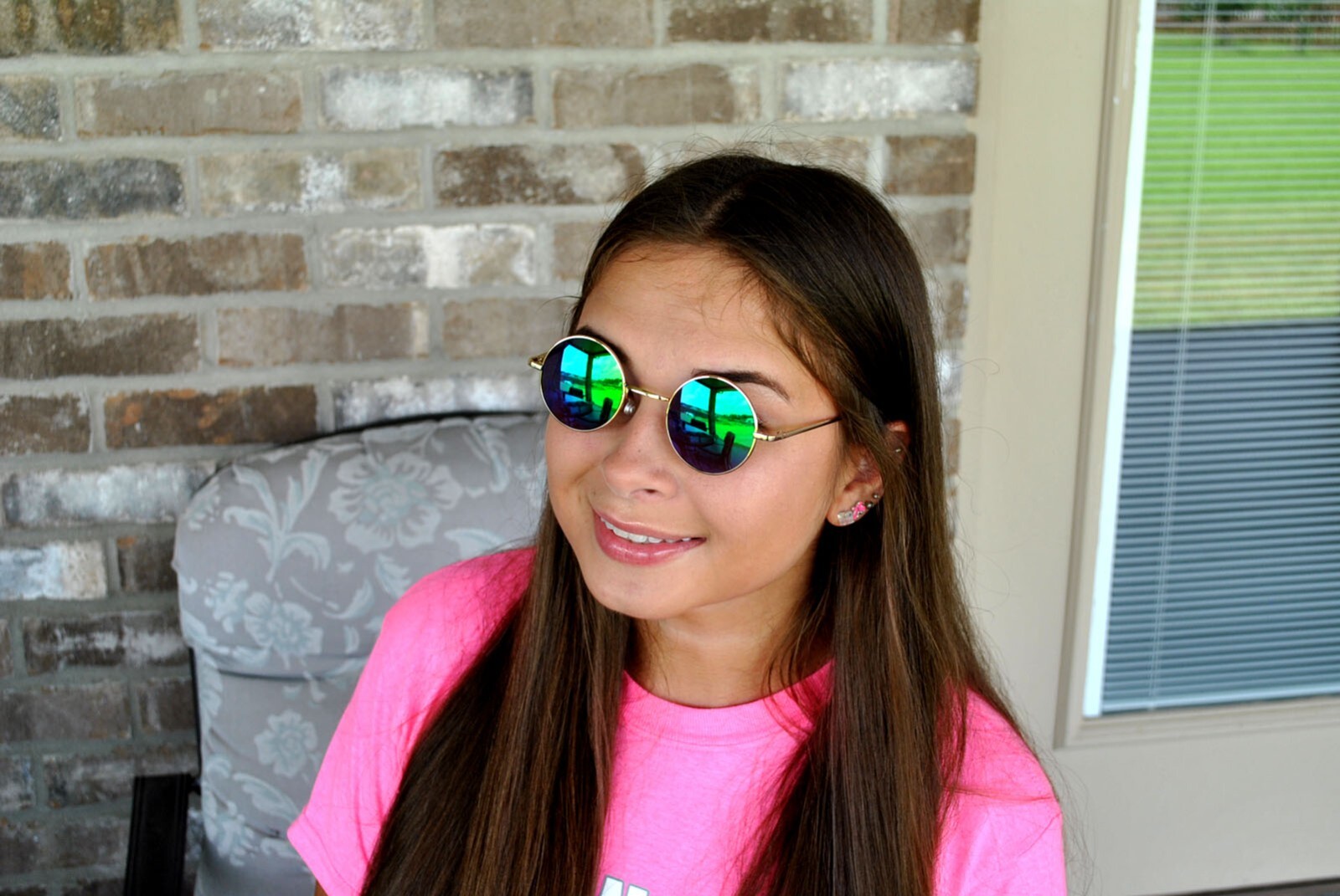 ROUND SUNGLASSES BLUE-GREEN MIRROR LENS 43mm GOLD METAL FRAME ONE PAIR SMALL