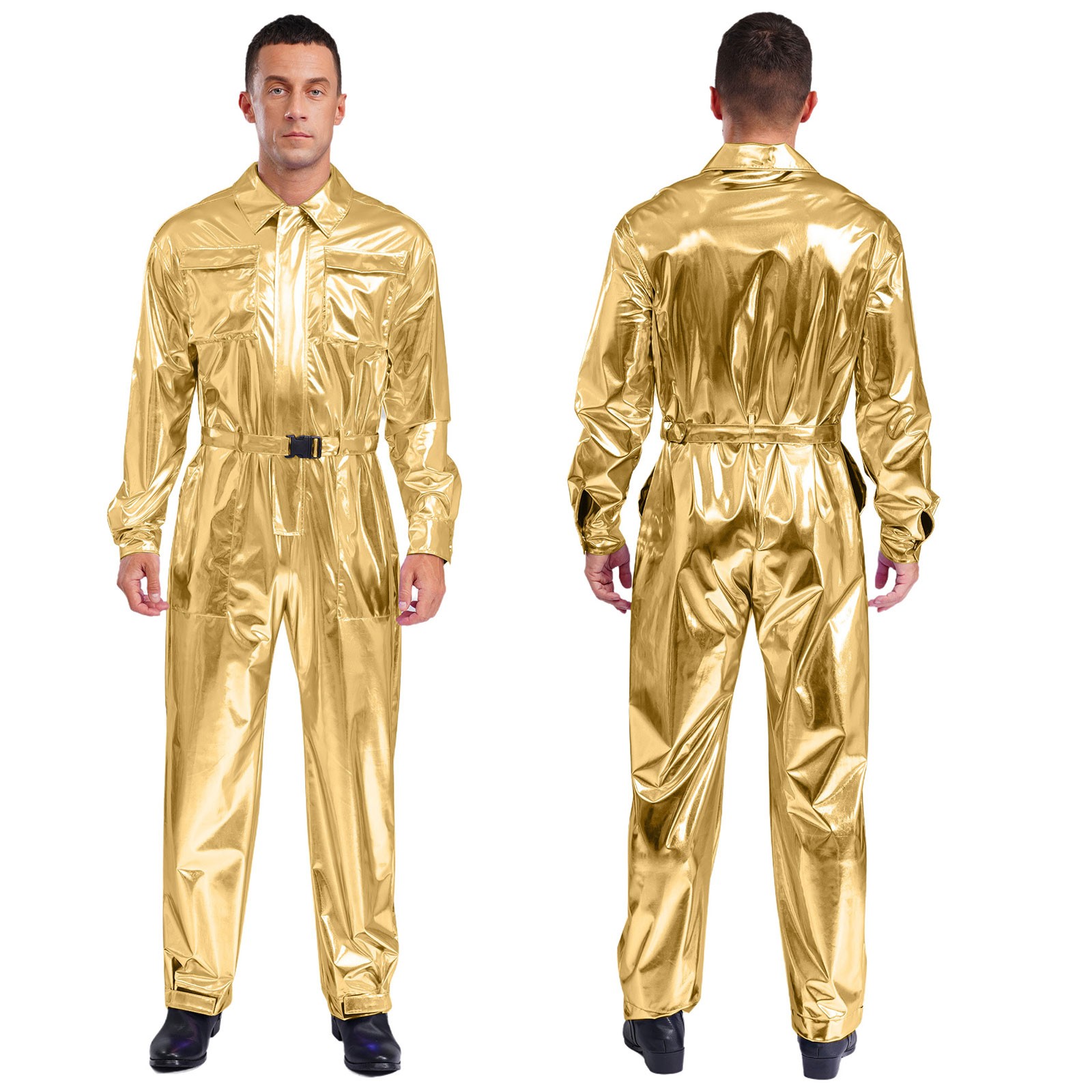 US Mens Shiny Metallic Overalls Turn-down Collar Long Sleeves Jumpsuit Clubwear