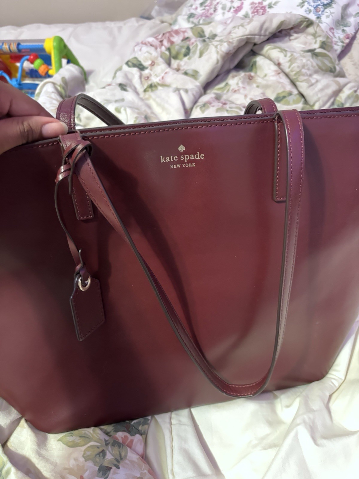 Kate Spade New York Burgundy Zip Tote Bag w/ Bag Charm, Gold Hardware