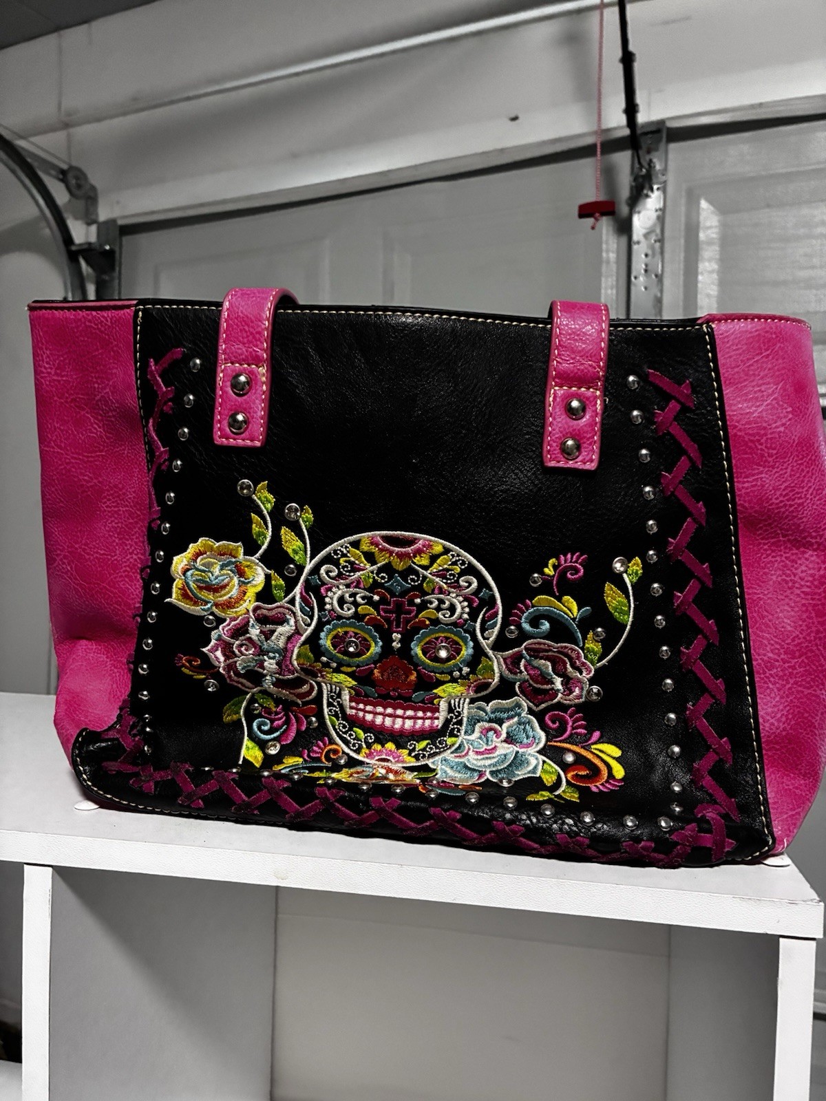 Women’s Pink & Black Skull Tote Bag – Embroidered Studded, Silver Hardware