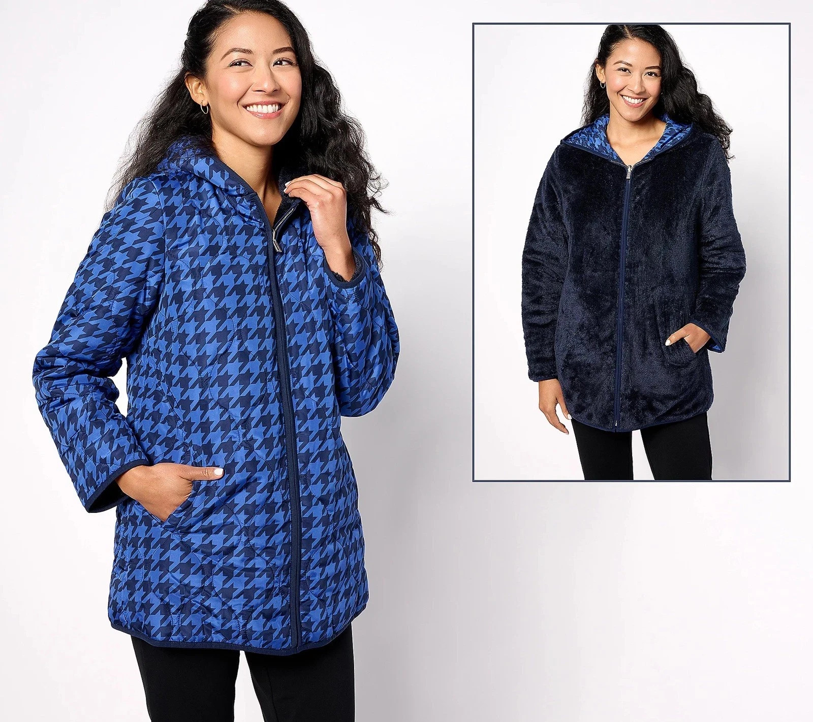 Susan Graver Sz S Reversible Quilted Woven & Plush Fleece Jacket A620230 NAVY
