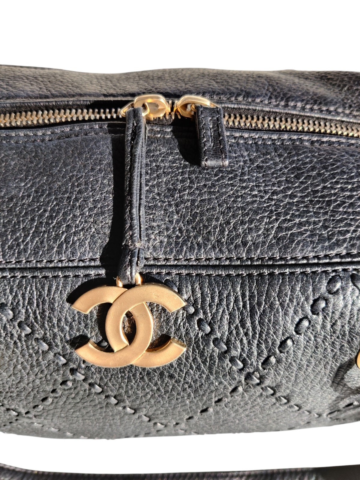 Vintage Chanel Black Leather Bowling Bag Surpique Gold CC Zip Authentic Shoulder