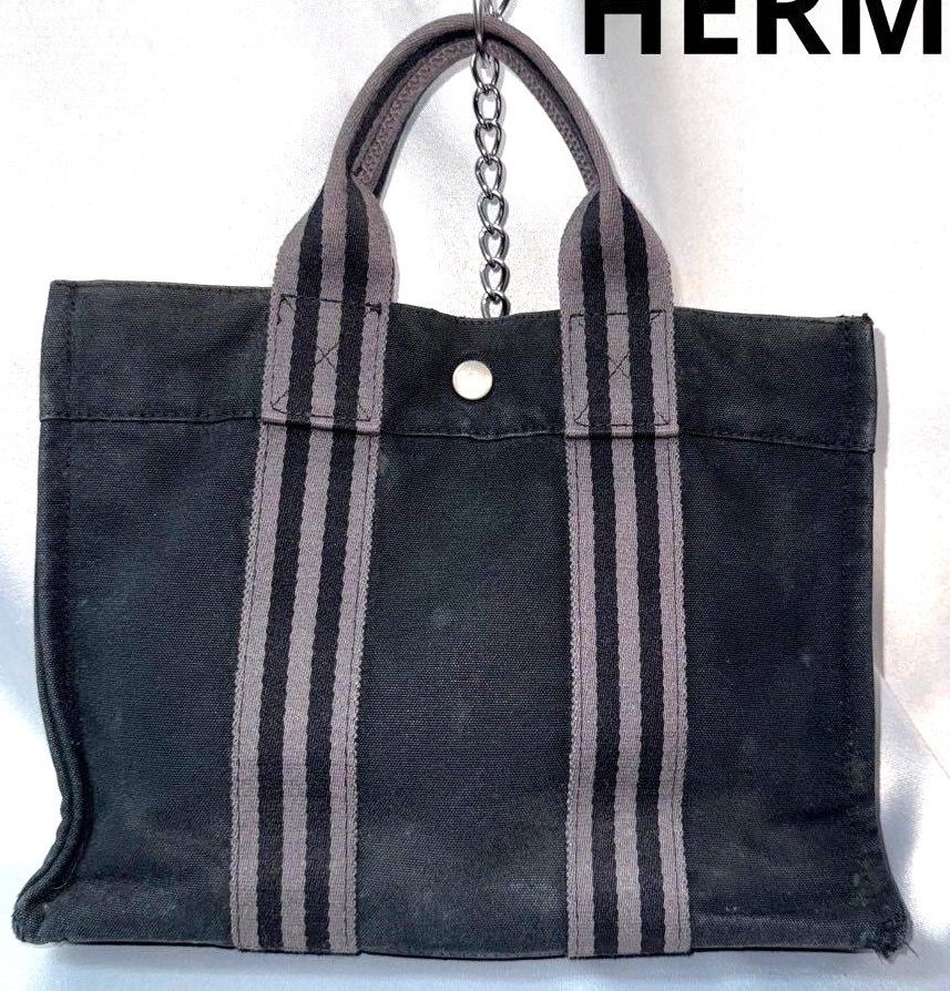 HERMES Fourre Tout MM Tote Handbag Black Gray Canvas Stripe Vintage 11.4×8.7in.