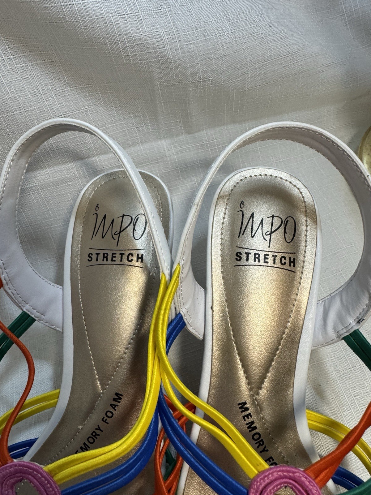 IMPO Stretch Memory Foam Heels Sz 9M, White With Multi Color Straps
