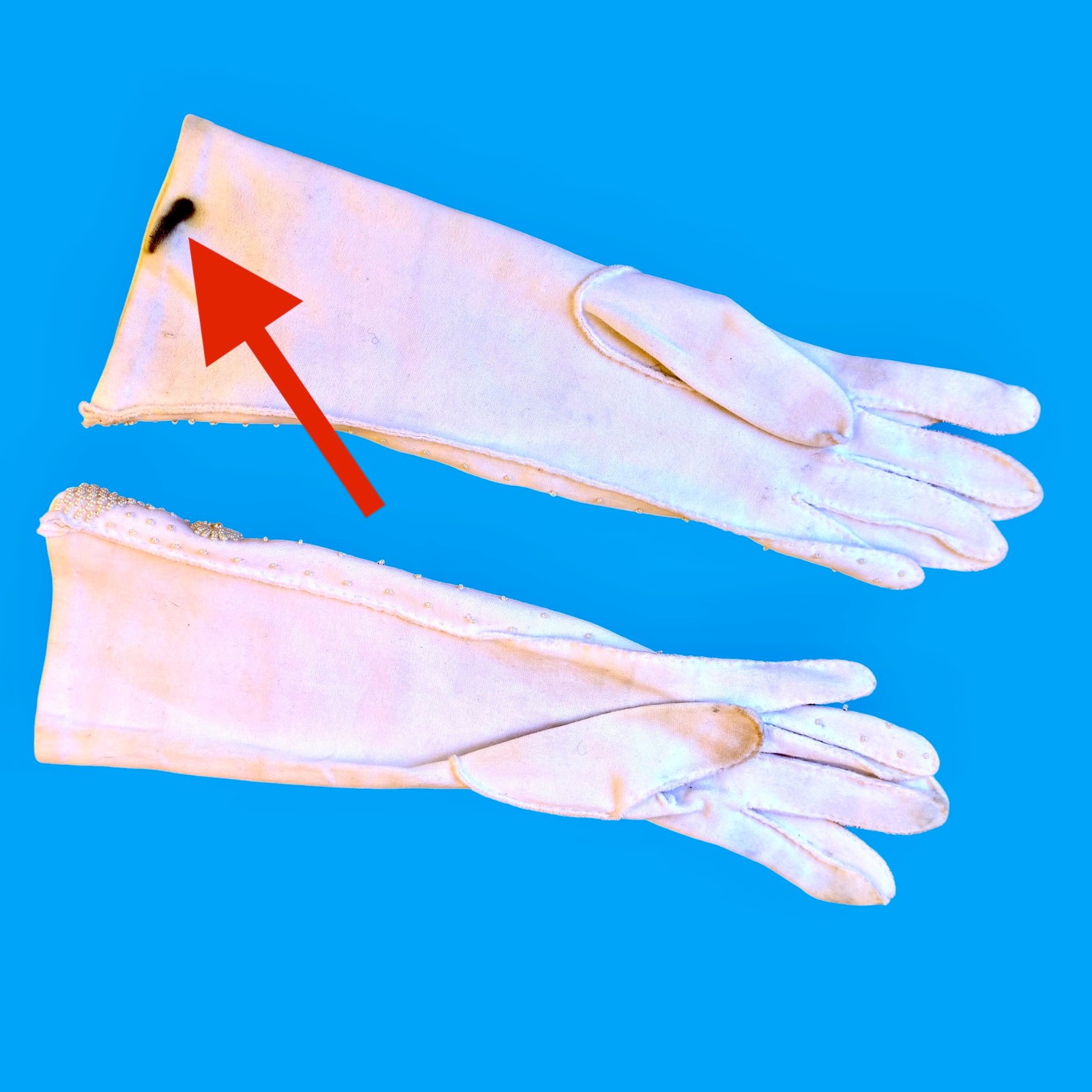 Vintage Hong Kong White Gloves With Beads Flowers Mid Elbow Length Womens 7