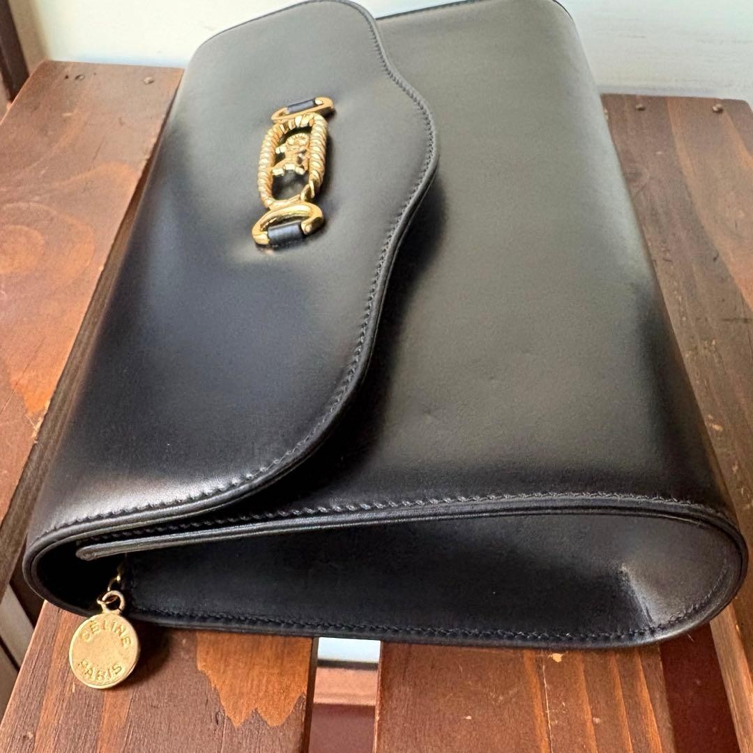 Celine Chain Shoulder Bag Leather Black Horse Carriage Hardware