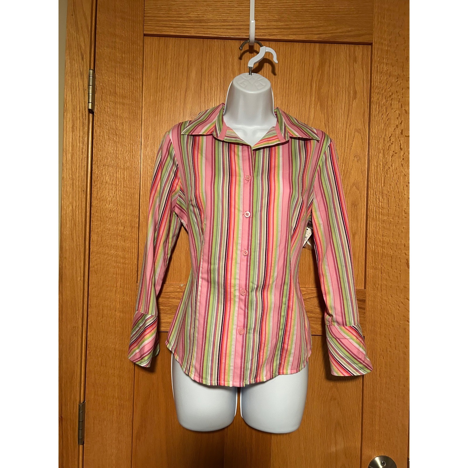 NEW Vintage Y2K Attention Pink Multi-Color Striped Button Down Top Sz 4 Small