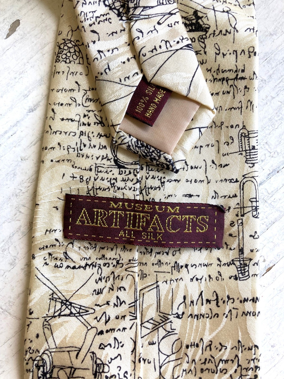 Museum Artifacts Silk Jacquard Necktie Leonardo da Vinci Sketches Cream Black
