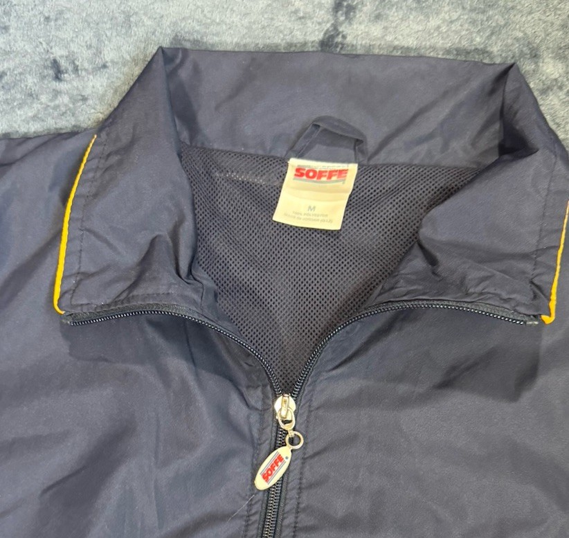Soffe Men’s Navy Yellow Windbreaker Jacket Logo Full Zip Stand Collar M