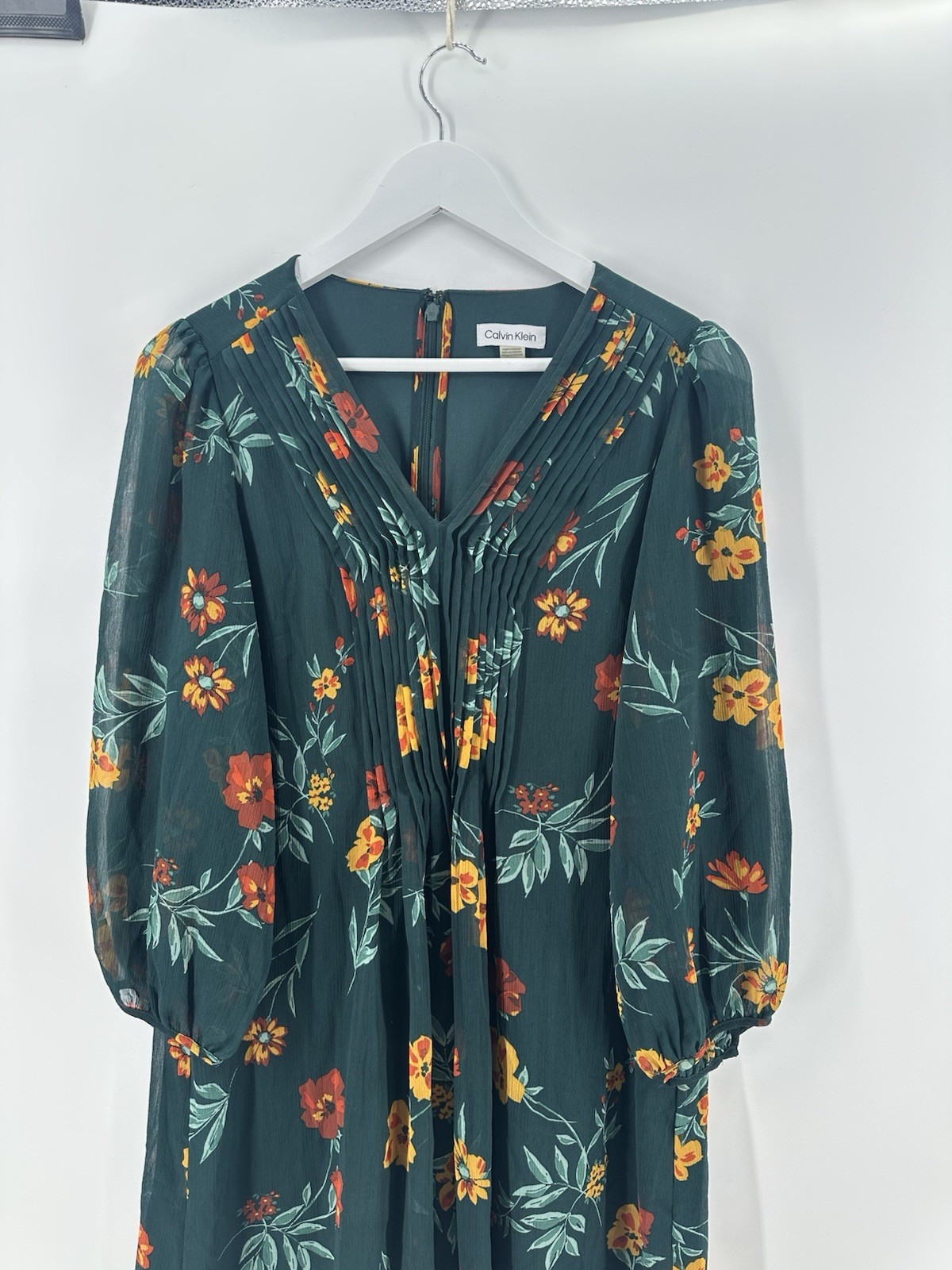 Calvin Klein Womens Green Floral Print Chiffon Wear To Work Dress Size 10 AC16