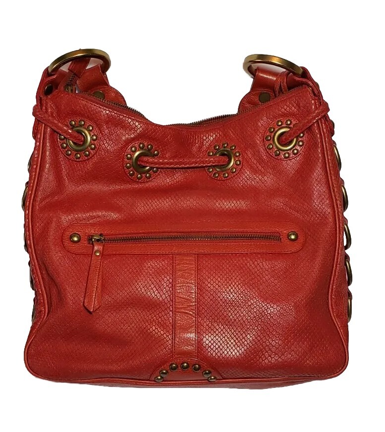 ISABELLA FIORE SNAKE CHARMER RED STUDDED EMBOSSED LEATHER SHOULDER HANDBAG $695