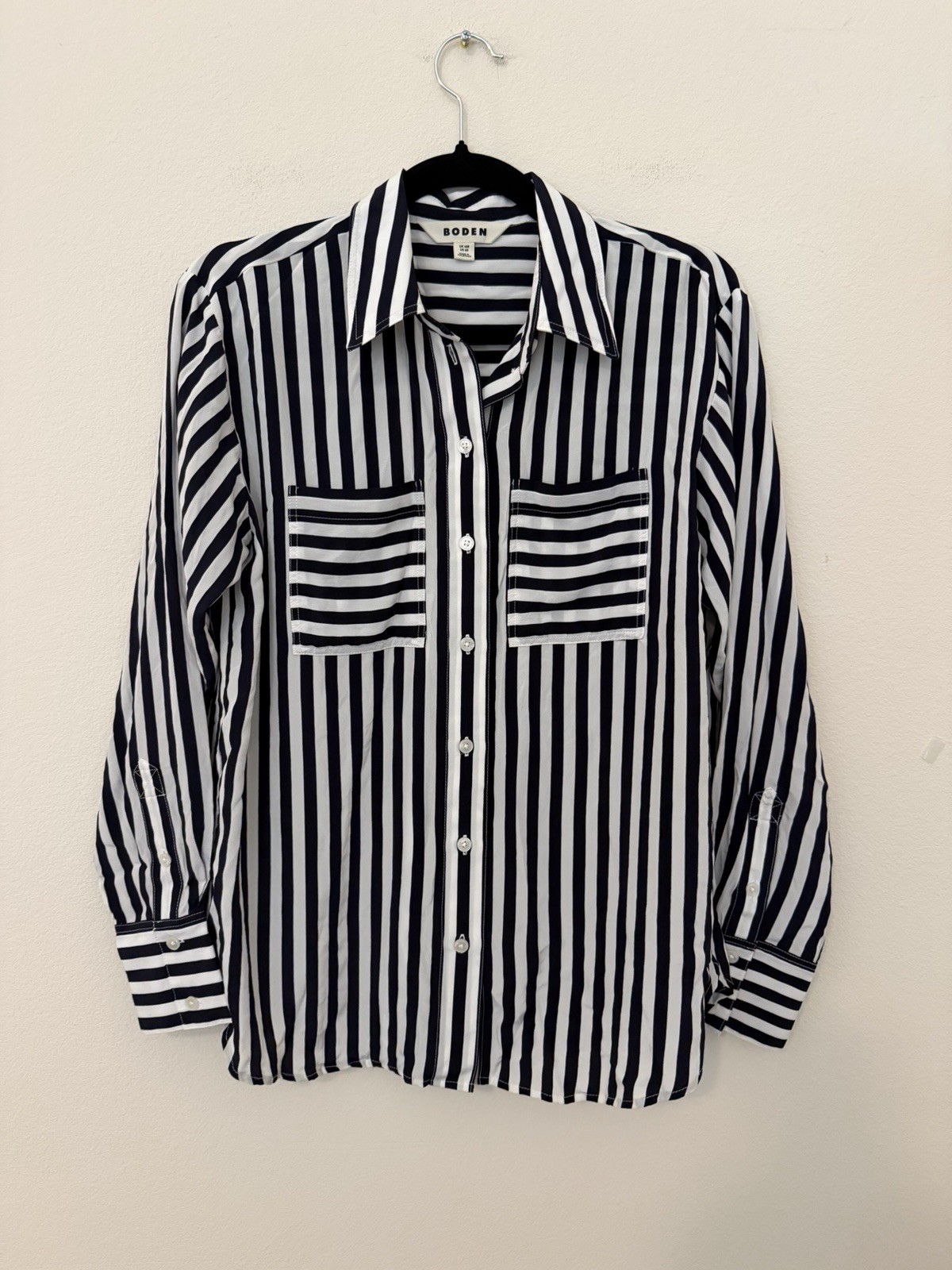 Boden 100% Silk Navy & White Striped Button Up Blouse Sz 6 Nautical Preppy